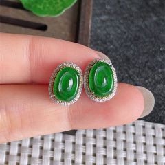 缅甸天然A货镶嵌18k金冰种满绿福贝翡翠耳坠(3.08g)